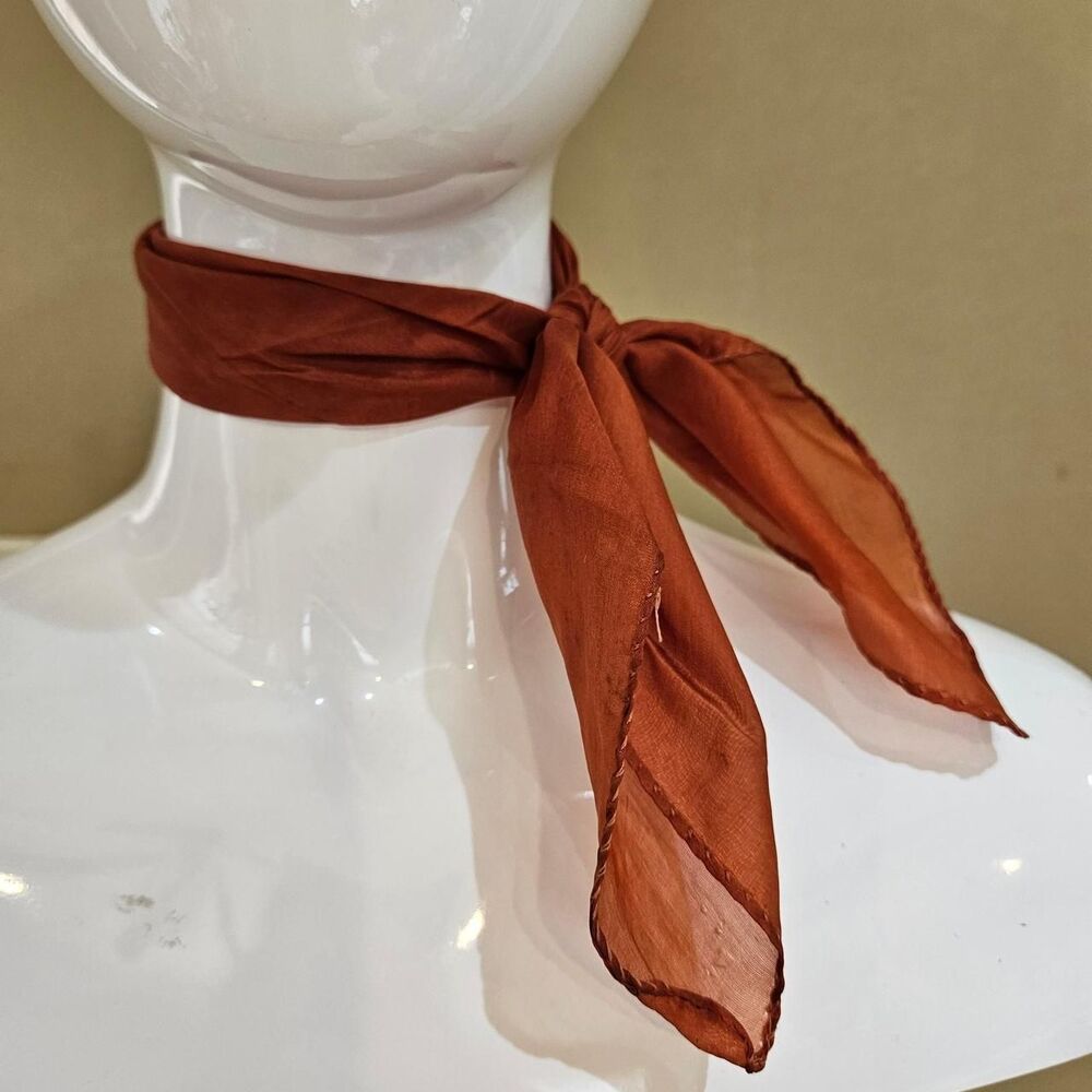 vintage boho cottagecore burnt orange square scarf rolled edges - Picture 2 of 6